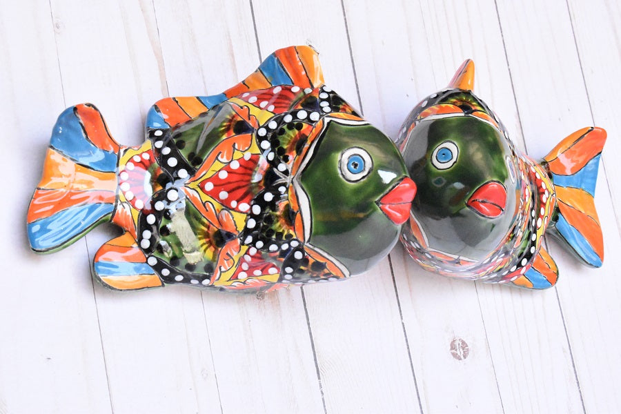 KOI-FISH Handmade Talavera Ceramic in Green & Red Peacock Design