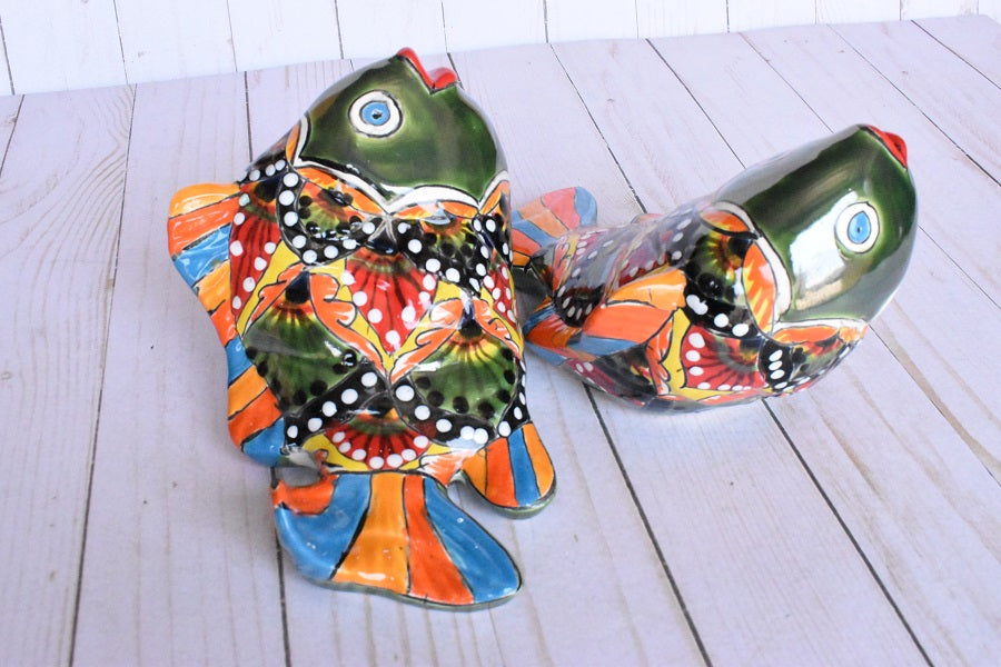 KOI-FISH Handmade Talavera Ceramic in Green & Red Peacock Design