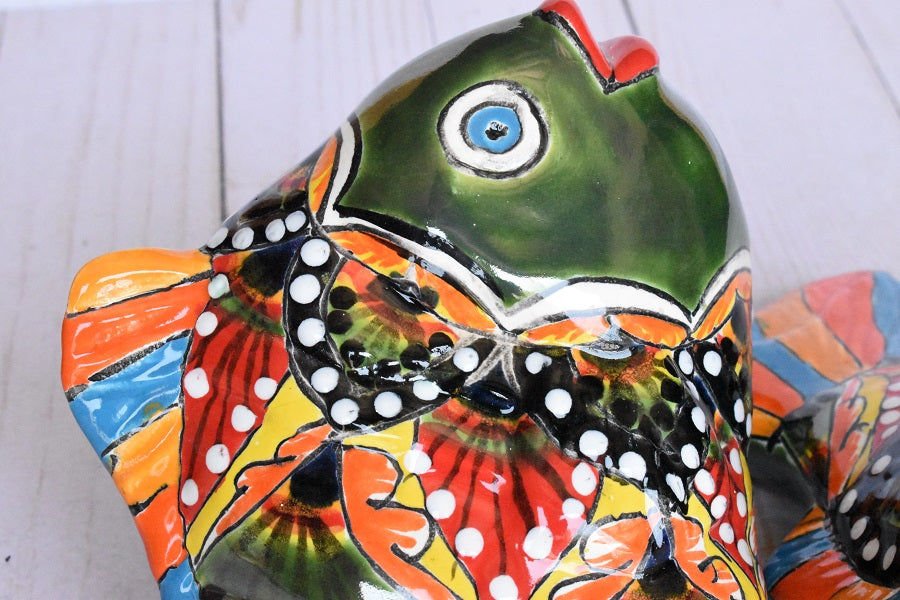 KOI-FISH Handmade Talavera Ceramic in Green & Red Peacock Design