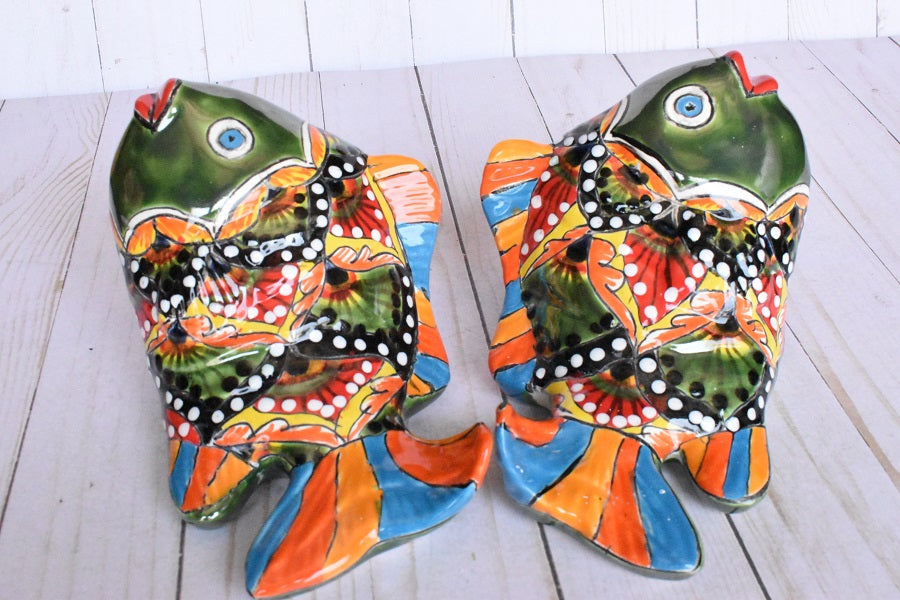 KOI-FISH Handmade Talavera Ceramic in Green & Red Peacock Design
