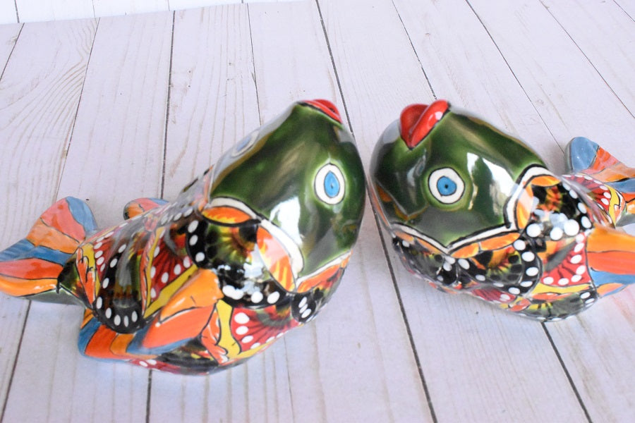 KOI-FISH Handmade Talavera Ceramic in Green & Red Peacock Design