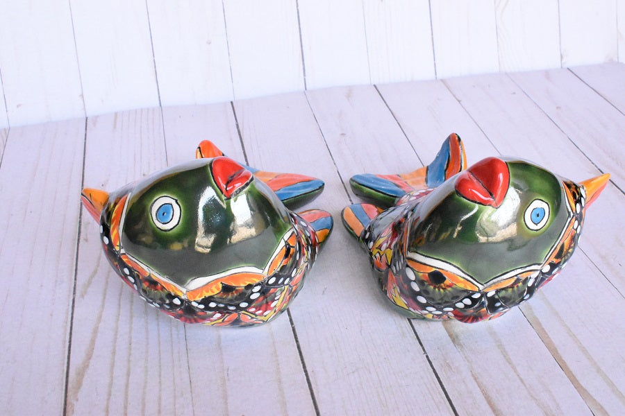 KOI-FISH Handmade Talavera Ceramic in Green & Red Peacock Design