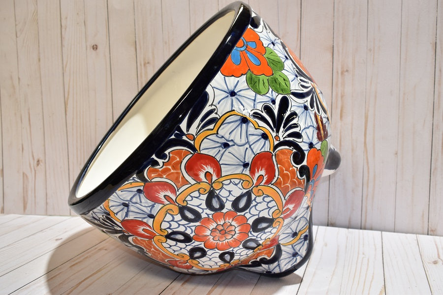 MOLCAJETE FLOWERPLANTER, THREE FEET POT PUEBLA WHITE DESIGN