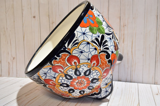 MOLCAJETE FLOWERPLANTER, THREE FEET POT PUEBLA WHITE DESIGN