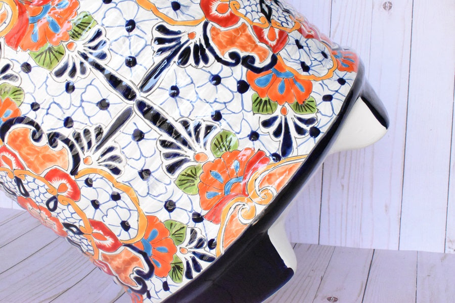 Ringed Round Pot- Talavera White Puebla Design