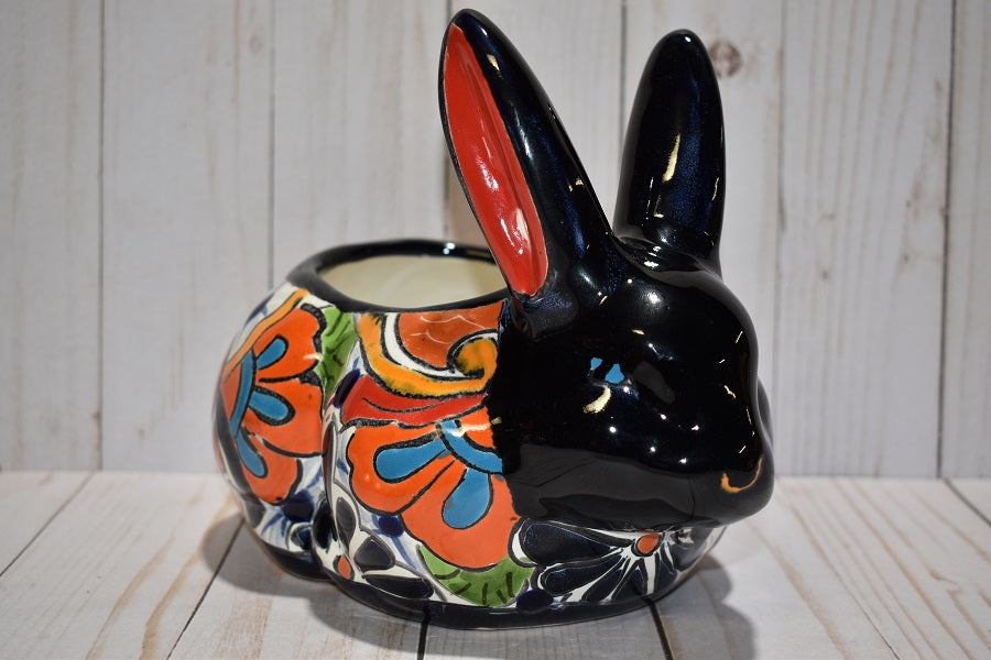 Rabbit Planter, Talavera Puebla White Pottery Design, Ceramic Rabbit Flowerpot