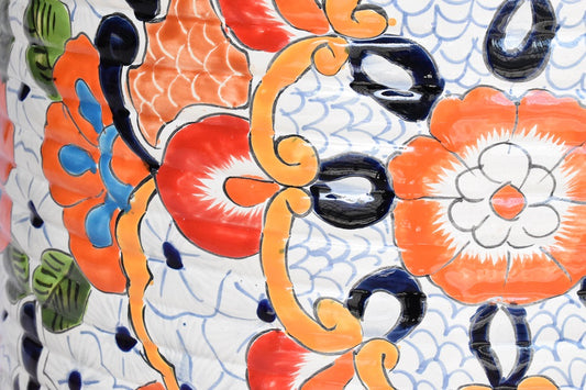 Ringed Round Pot- Talavera White Puebla Design