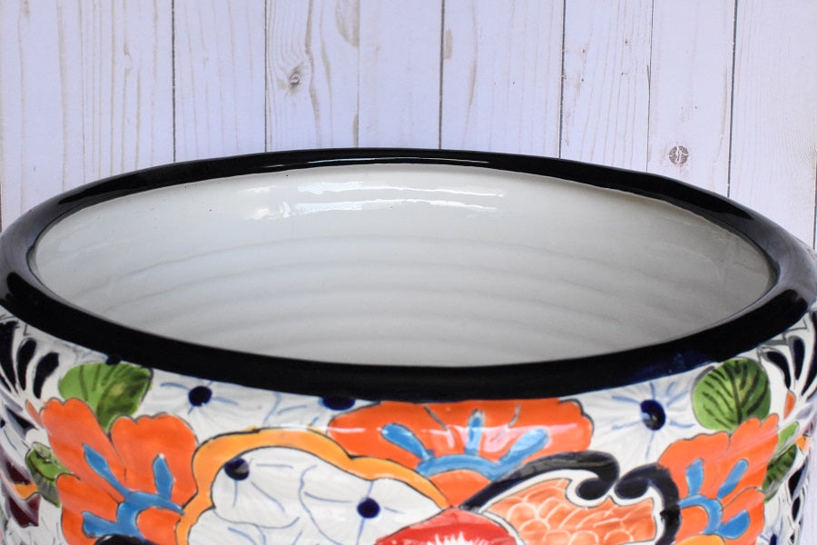 Ringed Round Pot- Talavera White Puebla Design