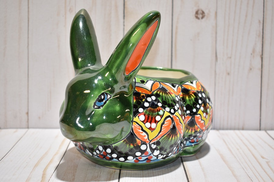 Rabbit Planter, Peacock Red and Green Pottery Design, Ceramic Rabbit F ...