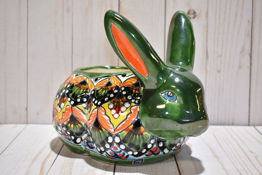 Rabbit Planter, Peacock Red and Green Pottery Design, Ceramic Rabbit Flowerpot