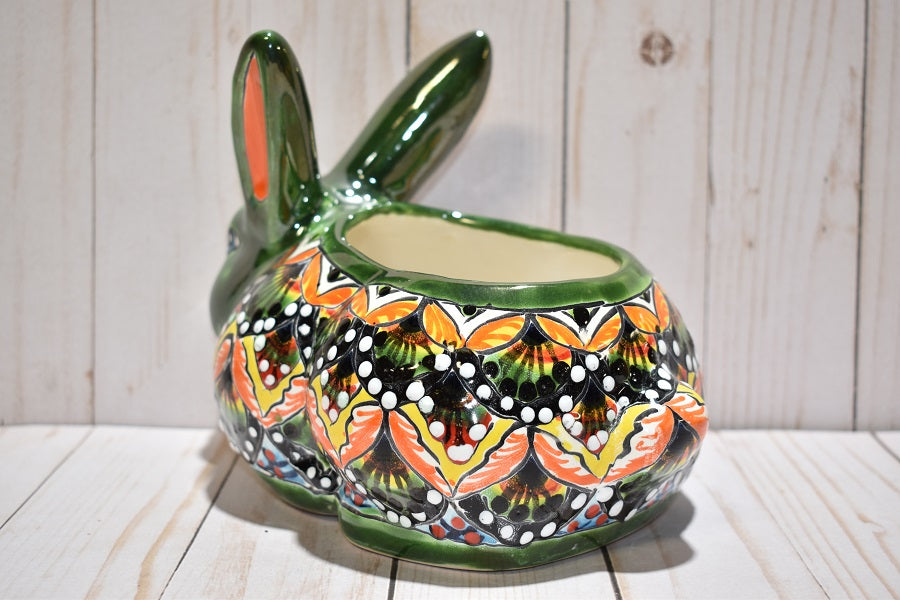 Rabbit Planter, Peacock Red and Green Pottery Design, Ceramic Rabbit F ...