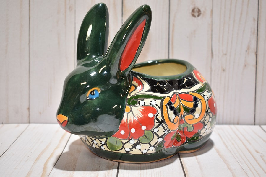 Rabbit Planter, Talavera Mayan Pottery Design, Ceramic Rabbit Flowerpot