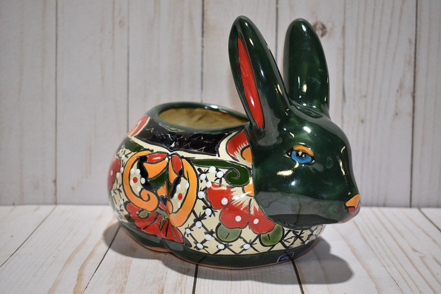 Rabbit Planter, Talavera Mayan Pottery Design, Ceramic Rabbit Flowerpot