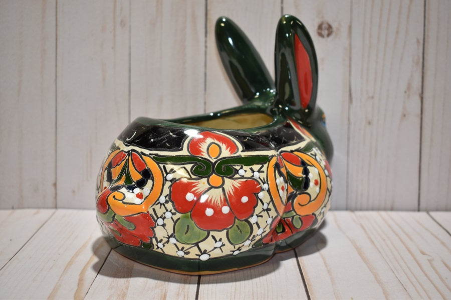 Rabbit Planter, Talavera Mayan Pottery Design, Ceramic Rabbit Flowerpot