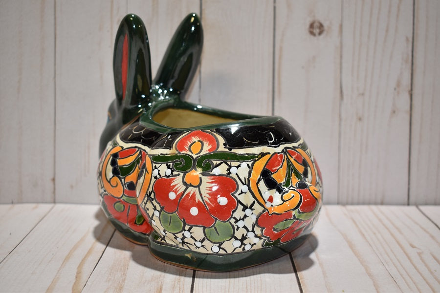 Rabbit Planter, Talavera Mayan Pottery Design, Ceramic Rabbit Flowerpot