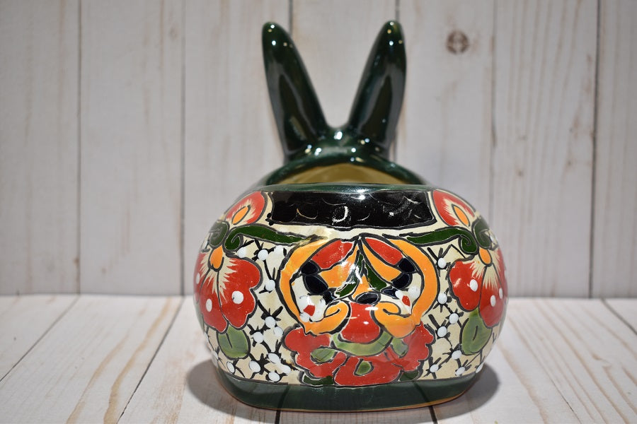 Rabbit Planter, Talavera Mayan Pottery Design, Ceramic Rabbit Flowerpot