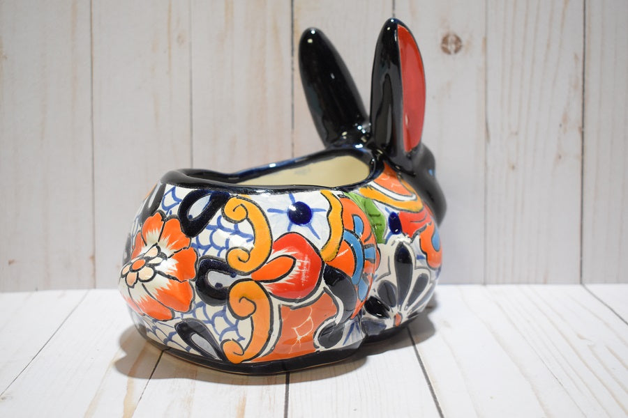 Rabbit Planter, Talavera Puebla White Pottery Design, Ceramic Rabbit Flowerpot
