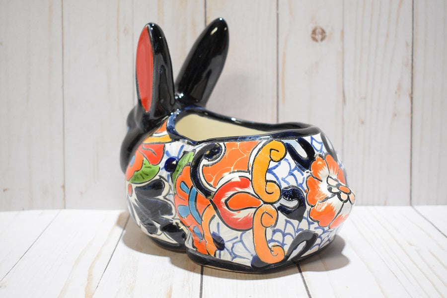 Rabbit Planter, Talavera Puebla White Pottery Design, Ceramic Rabbit Flowerpot