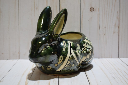 Rabbit Planter, Talavera Green Pottery Design, Ceramic Rabbit Flowerpot