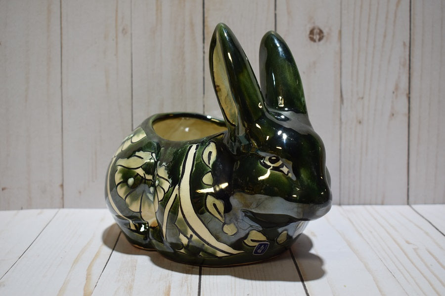 Rabbit Planter, Talavera Green Pottery Design, Ceramic Rabbit Flowerpot