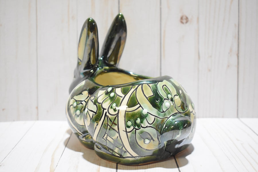 Rabbit Planter, Talavera Green Pottery Design, Ceramic Rabbit Flowerpot