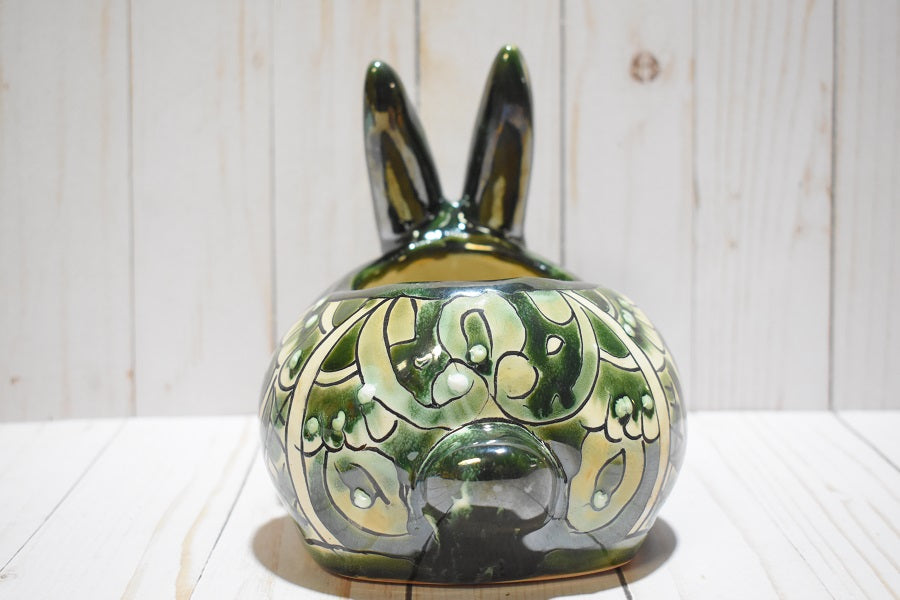 Rabbit Planter, Talavera Green Pottery Design, Ceramic Rabbit Flowerpot