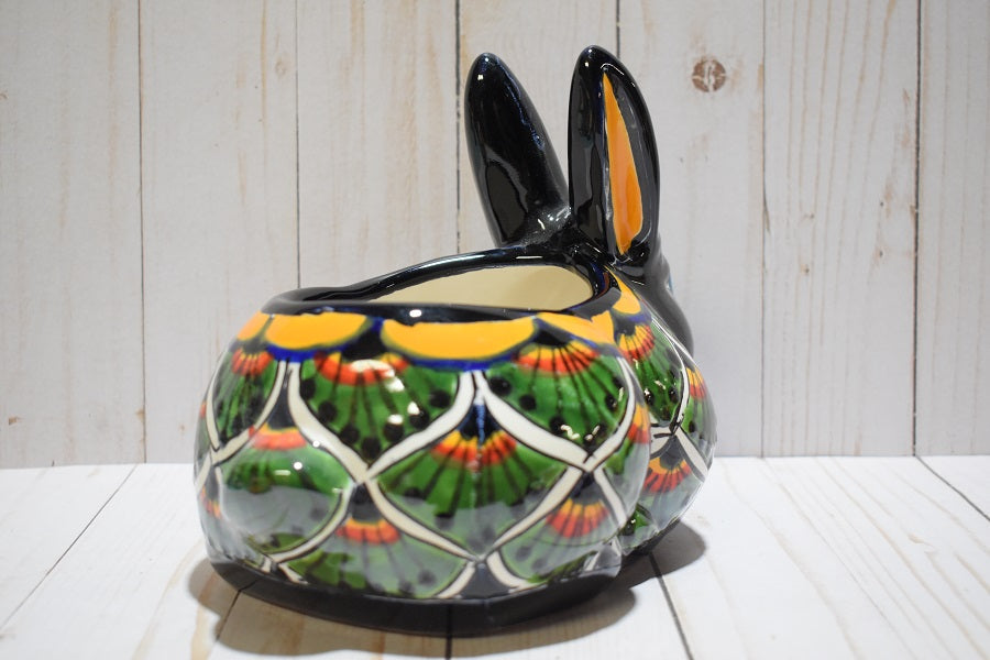 Rabbit Planter, Peacock Green Pottery Design, Ceramic Rabbit Flowerpot