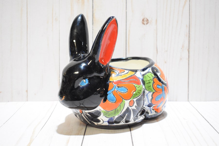 Rabbit Planter, Talavera Puebla White Pottery Design, Ceramic Rabbit Flowerpot