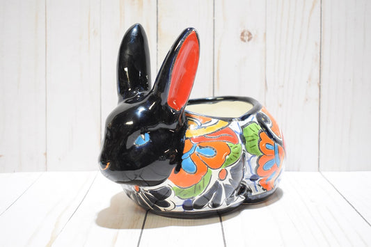 Rabbit Planter, Talavera Puebla White Pottery Design, Ceramic Rabbit Flowerpot