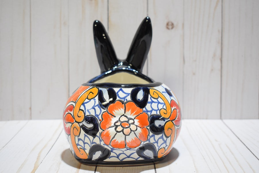 Rabbit Planter, Talavera Puebla White Pottery Design, Ceramic Rabbit Flowerpot