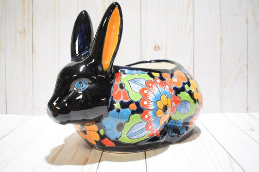 Rabbit Planter, Talavera Flowers Pottery Design, Ceramic Rabbit Flowerpot