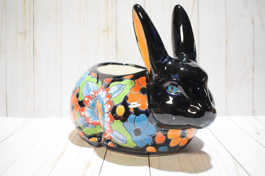 Rabbit Planter, Talavera Flowers Pottery Design, Ceramic Rabbit Flowerpot