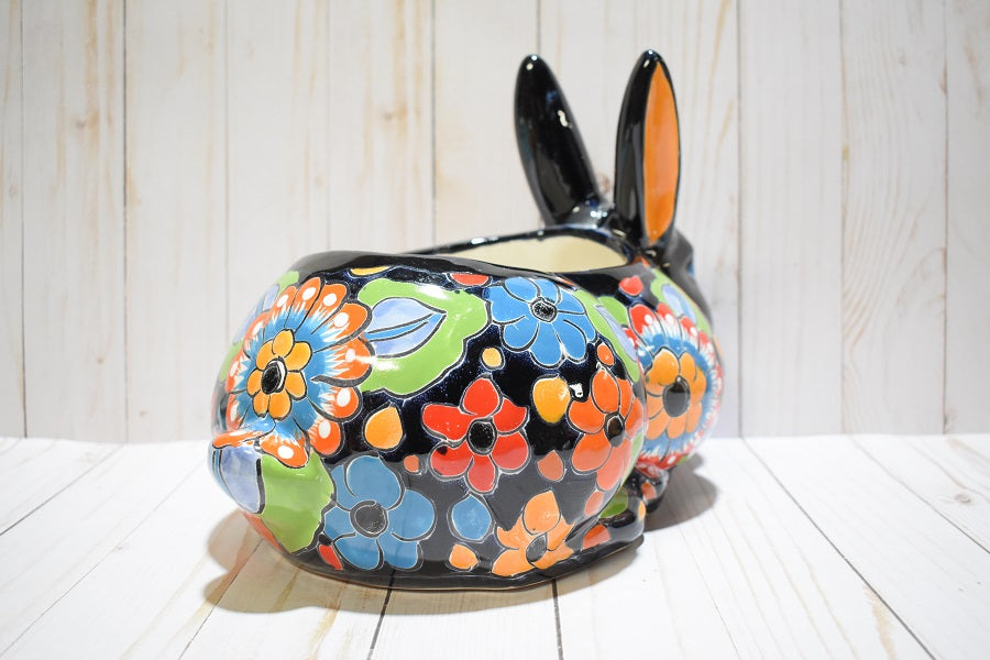 Rabbit Planter, Talavera Flowers Pottery Design, Ceramic Rabbit Flowerpot