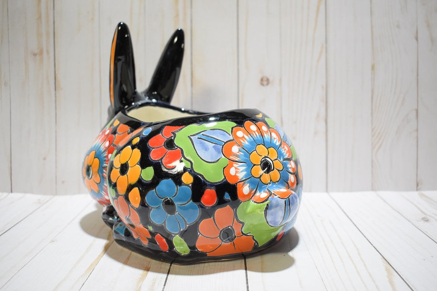 Rabbit Planter, Talavera Flowers Pottery Design, Ceramic Rabbit Flowerpot