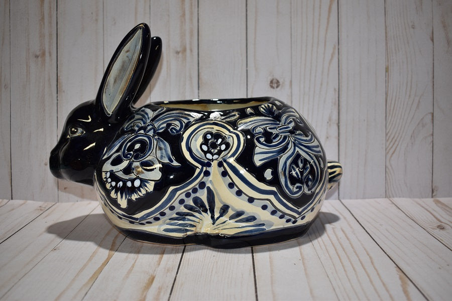 Rabbit Planter, Talavera Blue Dark Cobalt Pottery Design, Ceramic Rabbit Flowerpot