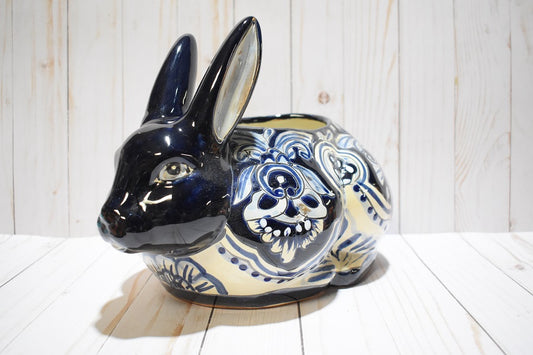 Rabbit Planter, Talavera Blue Dark Cobalt Pottery Design, Ceramic Rabbit Flowerpot