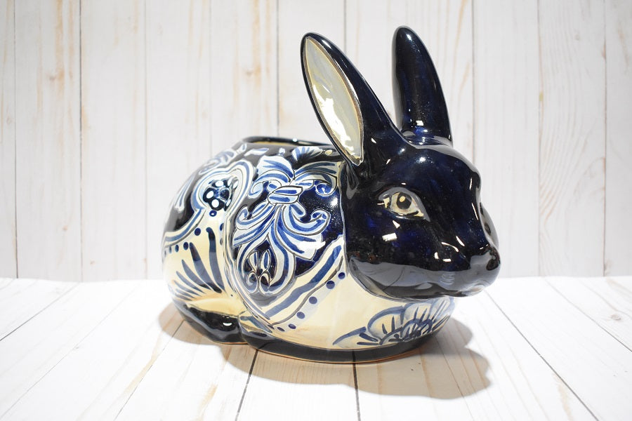 Rabbit Planter, Talavera Blue Dark Cobalt Pottery Design, Ceramic Rabbit Flowerpot