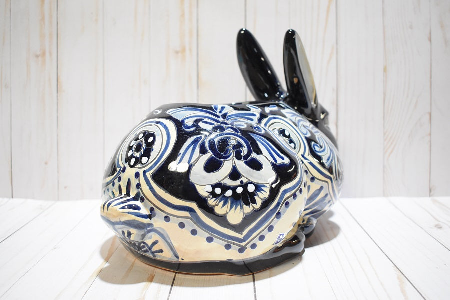 Rabbit Planter, Talavera Blue Dark Cobalt Pottery Design, Ceramic Rabbit Flowerpot