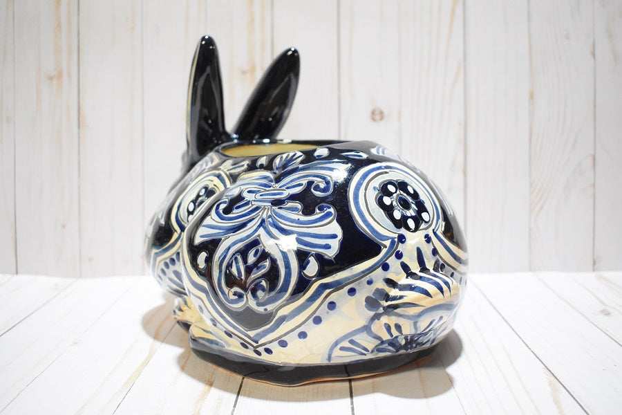 Rabbit Planter, Talavera Blue Dark Cobalt Pottery Design, Ceramic Rabbit Flowerpot