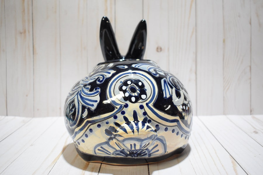 Rabbit Planter, Talavera Blue Dark Cobalt Pottery Design, Ceramic Rabbit Flowerpot