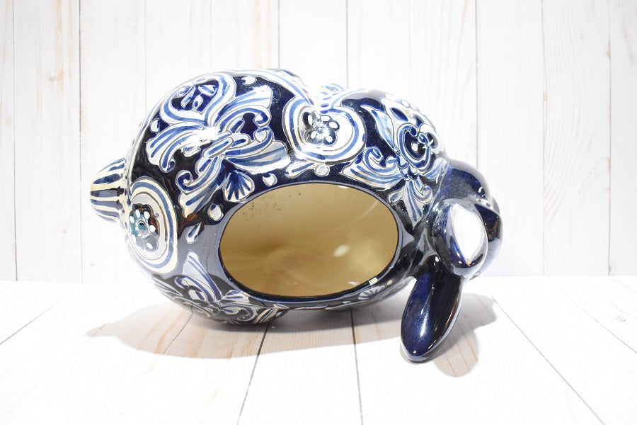Rabbit Planter, Talavera Blue Dark Cobalt Pottery Design, Ceramic Rabbit Flowerpot