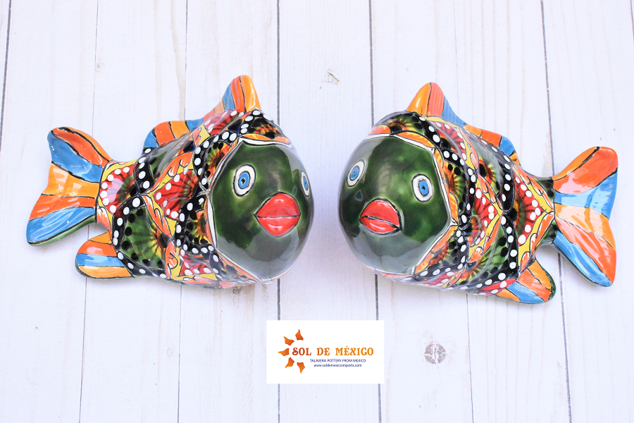 KOI-FISH Handmade Talavera Ceramic in Green & Red Peacock Design