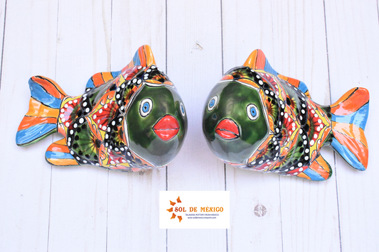 KOI-FISH Handmade Talavera Ceramic in Green & Red Peacock Design