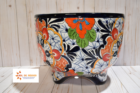 MOLCAJETE FLOWERPLANTER, THREE FEET POT PUEBLA WHITE DESIGN