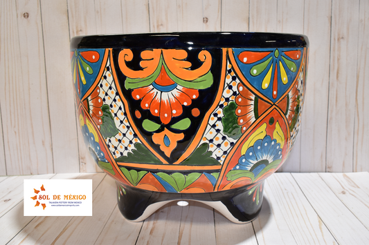 MOLCAJETE FLOWER PLANTER, THREE FEET POT CLASSIC TALAVERA DESIGN