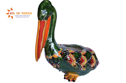 Pelican Planter in Peacock Green and Red Design