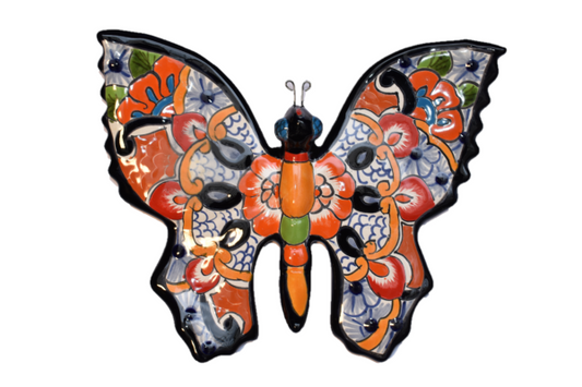Butterfly Handcrafted Colorful Puebla White- style Mexican Pottery