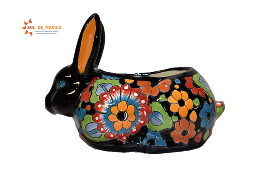 Rabbit Planter, Talavera Flowers Pottery Design, Ceramic Rabbit Flowerpot