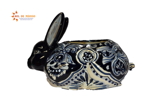Rabbit Planter, Talavera Blue Dark Cobalt Pottery Design, Ceramic Rabbit Flowerpot