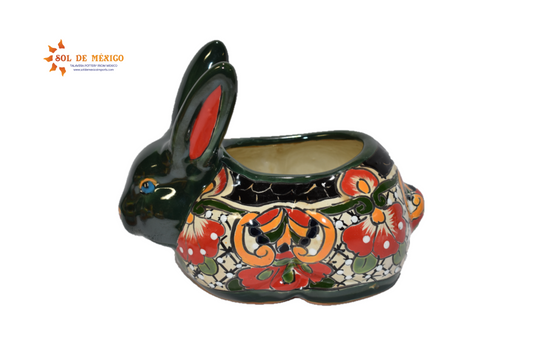 Rabbit Planter, Talavera Mayan Pottery Design, Ceramic Rabbit Flowerpot